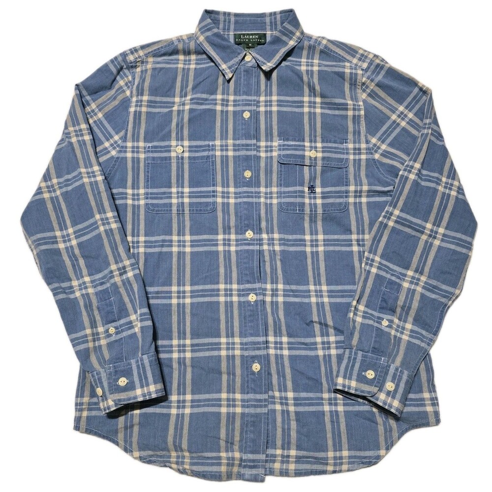 Lauren Ralph Lauren Women's M Medium Plaid Button Up Shirt Long Sleeve Blue